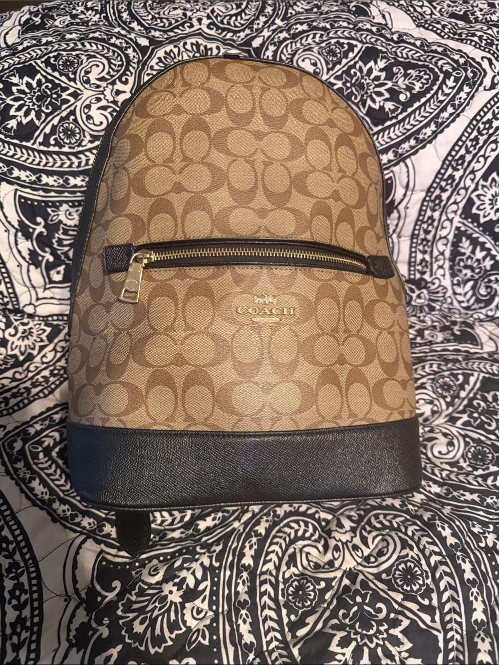 Coach Brown Signature Canvas Backpack with Black Trim and Gold Hardware 14x11x6